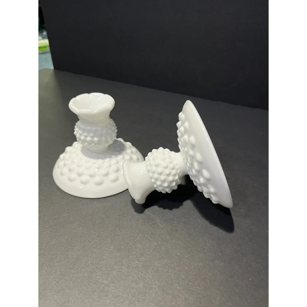 Fenton Milk Glass Hobnail Candlestick Holders White Vintage Mid Century Pair